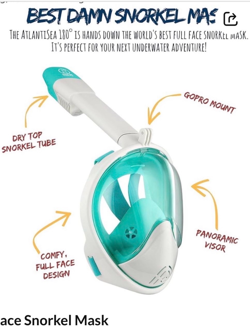 Full Face Snorkel Mask in Teal and White